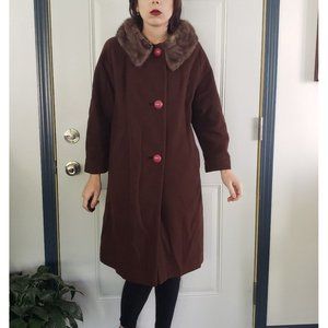 60s Brown‎ Cashmere Swing Coat with Fur Collar